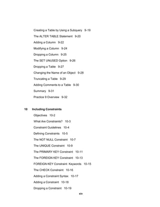 Creating a Table by Using a Subquery 9-19
The ALTER TABLE Statement 9-20
Adding a Column 9-22
Modifying a Column 9-24
Dropping a Column 9-25
The SET UNUSED Option 9-26
Dropping a Table 9-27
Changing the Name of an Object 9-28
Truncating a Table 9-29
Adding Comments to a Table 9-30
Summary 9-31
Practice 9 Overview 9-32
10 Including Constraints
Objectives 10-2
What Are Constraints? 10-3
Constraint Guidelines 10-4
Defining Constraints 10-5
The NOT NULL Constraint 10-7
The UNIQUE Constraint 10-9
The PRIMARY KEY Constraint 10-11
The FOREIGN KEY Constraint 10-13
FOREIGN KEY Constraint Keywords 10-15
The CHECK Constraint 10-16
Adding a Constraint Syntax 10-17
Adding a Constraint 10-18
Dropping a Constraint 10-19
xiv
 