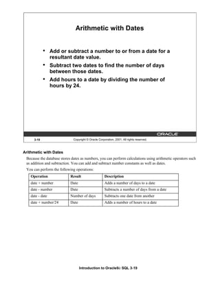 Introduction to Oracle9i: SQL 3-19
Arithmetic with Dates
Because the database stores dates as numbers, you can perform calculations using arithmetic operators such
as addition and subtraction. You can add and subtract number constants as well as dates.
You can perform the following operations:
3-19 Copyright © Oracle Corporation, 2001. All rights reserved.
Arithmetic with Dates
• Add or subtract a number to or from a date for a
resultant date value.
• Subtract two dates to find the number of days
between those dates.
• Add hours to a date by dividing the number of
hours by 24.
Operation Result Description
date + number Date Adds a number of days to a date
date - number Date Subtracts a number of days from a date
date - date Number of days Subtracts one date from another
date + number/24 Date Adds a number of hours to a date
 