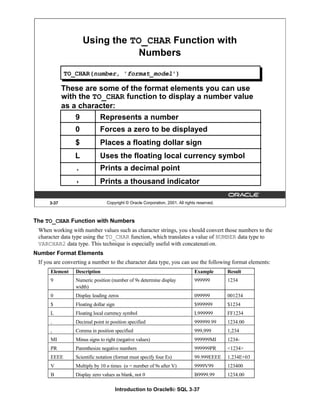 Introduction to Oracle9i: SQL 3-37
3-37 Copyright © Oracle Corporation, 2001. All rights reserved.
Using the TO_CHAR Function with
Numbers
These are some of the format elements you can use
with the TO_CHAR function to display a number value
as a character:
TO_CHAR(number, 'format_model')
9
0
$
L
.
,
Represents a number
Forces a zero to be displayed
Places a floating dollar sign
Uses the floating local currency symbol
Prints a decimal point
Prints a thousand indicator
The TO_CHAR Function with Numbers
When working with number values such as character strings, you should convert those numbers to the
character data type using the TO_CHAR function, which translates a value of NUMBER data type to
VARCHAR2 data type. This technique is especially useful with concatenation.
Number Format Elements
If you are converting a number to the character data type, you can use the following format elements:
Element Description Example Result
9 Numeric position (number of 9s determine display
width)
999999 1234
0 Display leading zeros 099999 001234
$ Floating dollar sign $999999 $1234
L Floating local currency symbol L999999 FF1234
. Decimal point in position specified 999999.99 1234.00
, Comma in position specified 999,999 1,234
MI Minus signs to right (negative values) 999999MI 1234-
PR Parenthesize negative numbers 999999PR <1234>
EEEE Scientific notation (format must specify four Es) 99.999EEEE 1.234E+03
V Multiply by 10 n times (n = number of 9s after V) 9999V99 123400
B Display zero values as blank, not 0 B9999.99 1234.00
 
