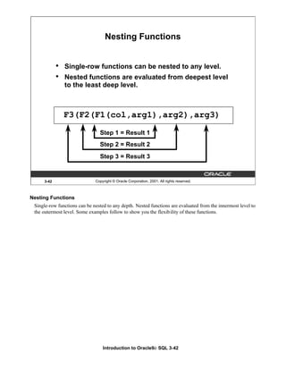 Introduction to Oracle9i: SQL 3-42
3-42 Copyright © Oracle Corporation, 2001. All rights reserved.
Nesting Functions
• Single-row functions can be nested to any level.
• Nested functions are evaluated from deepest level
to the least deep level.
F3(F2(F1(col,arg1),arg2),arg3)
Step 1 = Result 1
Step 2 = Result 2
Step 3 = Result 3
Nesting Functions
Single-row functions can be nested to any depth. Nested functions are evaluated from the innermost level to
the outermost level. Some examples follow to show you the flexibility of these functions.
 