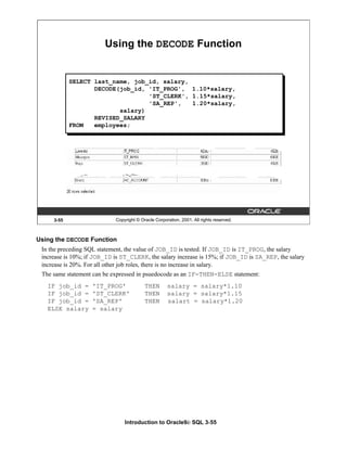 Introduction to Oracle9i: SQL 3-55
3-55 Copyright © Oracle Corporation, 2001. All rights reserved.
Using the DECODE Function
SELECT last_name, job_id, salary,
DECODE(job_id, 'IT_PROG', 1.10*salary,
'ST_CLERK', 1.15*salary,
'SA_REP', 1.20*salary,
salary)
REVISED_SALARY
FROM employees;
Using the DECODE Function
In the preceding SQL statement, the value of JOB_ID is tested. If JOB_ID is IT_PROG, the salary
increase is 10%; if JOB_ID is ST_CLERK, the salary increase is 15%; if JOB_ID is SA_REP, the salary
increase is 20%. For all other job roles, there is no increase in salary.
The same statement can be expressed in psuedocode as an IF-THEN-ELSE statement:
IF job_id = 'IT_PROG' THEN salary = salary*1.10
IF job_id = 'ST_CLERK' THEN salary = salary*1.15
IF job_id = 'SA_REP' THEN salart = salary*1.20
ELSE salary = salary
 