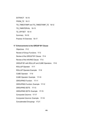 EXTRACT 16-10
FROM_TZ 16-11
TO_TIMESTAMP and TO_TIMESTAMP_TZ 16-12
TO_YMINTERVAL 16-13
TZ_OFFSET 16-14
Summary 16-16
Practice 16 Overview 16-17
17 Enhancements to the GROUP BY Clause
Objectives 17-2
Review of Group Functions 17-3
Review of the GROUP BY Clause 17-4
Review of the HAVING Clause 17-5
GROUP BY with ROLLUP and CUBE Operators 17-6
ROLLUP Operator 17-7
ROLLUP Operator Example 17-8
CUBE Operator 17-9
CUBE Operator: Example 17-10
GROUPING Function 17-11
GROUPING Function: Example 17-12
GROUPING SETS 17-13
GROUPING SETS: Example 17-15
Composite Columns 17-17
Composite Columns: Example 17-19
Concatenated Groupings 17-21
xix
 