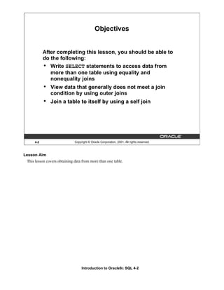 Introduction to Oracle9i: SQL 4-2
Lesson Aim
This lesson covers obtaining data from more than one table.
4-2 Copyright © Oracle Corporation, 2001. All rights reserved.
Objectives
After completing this lesson, you should be able to
do the following:
• Write SELECT statements to access data from
more than one table using equality and
nonequality joins
• View data that generally does not meet a join
condition by using outer joins
• Join a table to itself by using a self join
 