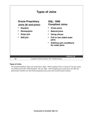 Introduction to Oracle9i: SQL 4-6
Types of Joins
The Oracle9i database offers join syntax that is SQL: 1999 Compliant. Prior to release 9i, the join syntax
was different from the ANSI standards. The new SQL: 1999 Compliant join syntax does not offer any
performance benefits over the Oracle proprietary join syntax that existed in prior releases.
4-6 Copyright © Oracle Corporation, 2001. All rights reserved.
• Equijoin
• Nonequijoin
• Outer join
• Self join
Types of Joins
• Cross joins
• Natural joins
• Using clause
• Full or two sided outer
joins
• Arbitrary join conditions
for outer joins
SQL: 1999
Compliant Joins:
Oracle Proprietary
Joins (8i and prior):
 