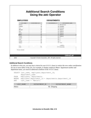 Introduction to Oracle9i: SQL 4-10
Additional Search Conditions
In addition to the join, you may have criteria for your WHERE clause to restrict the rows under consideration
for one or more tables in the join. For example, to display employee Matos’department number and
department name, you need an additional condition in the WHERE clause.
SELECT last_name, employees.department_id,
department_name
FROM employees, departments
WHERE employees.department_id = departments.department_id
AND last_name = 'Matos';
4-10 Copyright © Oracle Corporation, 2001. All rights reserved.
Additional Search Conditions
Using the AND Operator
EMPLOYEES DEPARTMENTS
 
