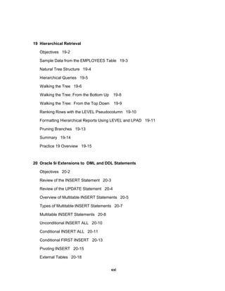 19 Hierarchical Retrieval
Objectives 19-2
Sample Data from the EMPLOYEES Table 19-3
Natural Tree Structure 19-4
Hierarchical Queries 19-5
Walking the Tree 19-6
Walking the Tree: From the Bottom Up 19-8
Walking the Tree: From the Top Down 19-9
Ranking Rows with the LEVEL Pseudocolumn 19-10
Formatting Hierarchical Reports Using LEVEL and LPAD 19-11
Pruning Branches 19-13
Summary 19-14
Practice 19 Overview 19-15
20 Oracle 9i Extensions to DML and DDL Statements
Objectives 20-2
Review of the INSERT Statement 20-3
Review of the UPDATE Statement 20-4
Overview of Multitable INSERT Statements 20-5
Types of Multitable INSERT Statements 20-7
Multitable INSERT Statements 20-8
Unconditional INSERT ALL 20-10
Conditional INSERT ALL 20-11
Conditional FIRST INSERT 20-13
Pivoting INSERT 20-15
External Tables 20-18
xxi
 