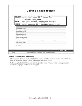 Introduction to Oracle9i: SQL 4-20
Joining a Table to Itself (continued)
The example in the slide joins the EMPLOYEES table to itself. To simulate two tables in the FROM clause,
there are two aliases, namely w and m, for the same table, EMPLOYEES.
In this example, the WHERE clause contains the join that means “where a worker’
s manager number
matches the employee number for the manager.”
4-20 Copyright © Oracle Corporation, 2001. All rights reserved.
Joining a Table to Itself
SELECT worker.last_name || ' works for '
|| manager.last_name
FROM employees worker, employees manager
WHERE worker.manager_id = manager.employee_id;
 