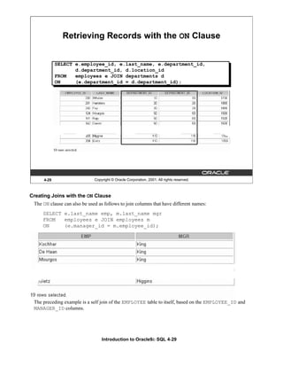 Introduction to Oracle9i: SQL 4-29
4-29 Copyright © Oracle Corporation, 2001. All rights reserved.
Retrieving Records with the ON Clause
SELECT e.employee_id, e.last_name, e.department_id,
d.department_id, d.location_id
FROM employees e JOIN departments d
ON (e.department_id = d.department_id);
Creating Joins with the ON Clause
The ON clause can also be used as follows to join columns that have different names:
SELECT e.last_name emp, m.last_name mgr
FROM employees e JOIN employees m
ON (e.manager_id = m.employee_id);
The preceding example is a self join of the EMPLOYEE table to itself, based on the EMPLOYEE_ID and
MANAGER_ID columns.
 