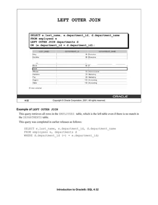 Introduction to Oracle9i: SQL 4-32
4-32 Copyright © Oracle Corporation, 2001. All rights reserved.
LEFT OUTER JOIN
SELECT e.last_name, e.department_id, d.department_name
FROM employees e
LEFT OUTER JOIN departments d
ON (e.department_id = d.department_id);
Example of LEFT OUTER JOIN
This query retrieves all rows in the EMPLOYEES table, which is the left table even if there is no match in
the DEPARTMENTS table.
This query was completed in earlier releases as follows:
SELECT e.last_name, e.department_id, d.department_name
FROM employees e, departments d
WHERE d.department_id (+) = e.department_id;
 