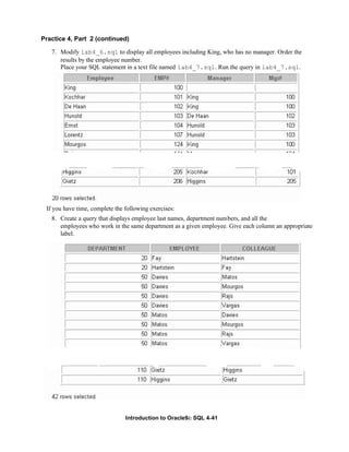 Introduction to Oracle9i: SQL 4-41
Practice 4, Part 2 (continued)
7. Modify lab4_6.sql to display all employees including King, who has no manager. Order the
results by the employee number.
Place your SQL statement in a text file named lab4_7.sql. Run the query in lab4_7.sql.
If you have time, complete the following exercises:
8. Create a query that displays employee last names, department numbers, and all the
employees who work in the same department as a given employee. Give each column an appropriate
label.
 