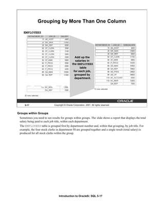 Introduction to Oracle9i: SQL 5-17
5-17 Copyright © Oracle Corporation, 2001. All rights reserved.
Grouping by More Than One Column
EMPLOYEES
Add up the
salaries in
the EMPLOYEES
table
for each job,
grouped by
department.
Groups within Groups
Sometimes you need to see results for groups within groups. The slide shows a report that displays the total
salary being paid to each job title, within each department.
The EMPLOYEES table is grouped first by department number and, within that grouping, by job title. For
example, the four stock clerks in department 50 are grouped together and a single result (total salary) is
produced for all stock clerks within the group.
 