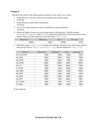 Introduction to Oracle9i: SQL 5-28
Practice 5
Determine the validity of the following three statements. Circle either True or False.
1. Group functions work across many rows to produce one result per group.
True/False
2. Group functions include nulls in calculations.
True/False
3. The WHERE clause restricts rows prior to inclusion in a group calculation.
True/False
4. Display the highest, lowest, sum, and average salary of all employees. Label the columns
Maximum, Minimum, Sum, and Average, respectively. Round your results to the nearest whole
number. Place your SQL statement in a text file named lab5_6.sql.
5. Modify the query in lab5_4.sql to display the minimum, maximum, sum, and average salary for
each job type. Resave lab5_4.sql to lab5_5.sql. Run the statement in lab5_5.sql.
 