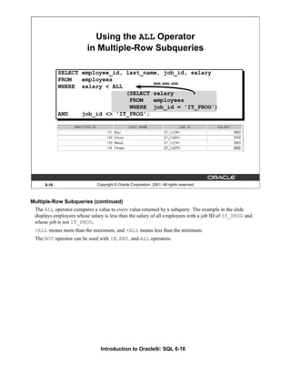 Introduction to Oracle9i: SQL 6-16
6-16 Copyright © Oracle Corporation, 2001. All rights reserved.
Using the ALL Operator
in Multiple-Row Subqueries
9000, 6000, 4200
SELECT employee_id, last_name, job_id, salary
FROM employees
WHERE salary < ALL
(SELECT salary
FROM employees
WHERE job_id = 'IT_PROG')
AND job_id <> 'IT_PROG';
Multiple-Row Subqueries (continued)
The ALL operator compares a value to every value returned by a subquery. The example in the slide
displays employees whose salary is less than the salary of all employees with a job ID of IT_PROG and
whose job is not IT_PROG.
>ALL means more than the maximum, and <ALL means less than the minimum.
The NOT operator can be used with IN, ANY, and ALL operators.
 