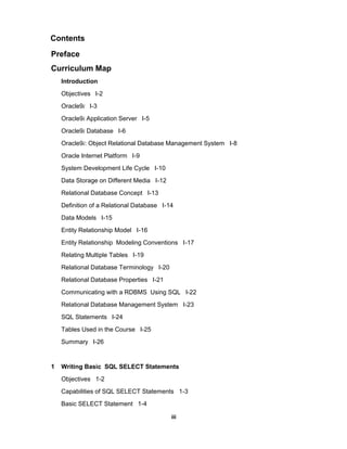 Preface
Curriculum Map
Introduction
Objectives I-2
Oracle9i I-3
Oracle9i Application Server I-5
Oracle9i Database I-6
Oracle9i: Object Relational Database Management System I-8
Oracle Internet Platform I-9
System Development Life Cycle I-10
Data Storage on Different Media I-12
Relational Database Concept I-13
Definition of a Relational Database I-14
Data Models I-15
Entity Relationship Model I-16
Entity Relationship Modeling Conventions I-17
Relating Multiple Tables I-19
Relational Database Terminology I-20
Relational Database Properties I-21
Communicating with a RDBMS Using SQL I-22
Relational Database Management System I-23
SQL Statements I-24
Tables Used in the Course I-25
Summary I-26
1 Writing Basic SQL SELECT Statements
Objectives 1-2
Capabilities of SQL SELECT Statements 1-3
Basic SELECT Statement 1-4
Contents
iii
 