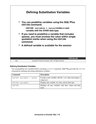 Introduction to Oracle9i: SQL 7-10
7-10 Copyright © Oracle Corporation, 2001. All rights reserved.
Defining Substitution Variables
• You can predefine variables using the iSQL*Plus
DEFINE command.
DEFINE variable = value creates a user
variable with the CHAR data type.
• If you need to predefine a variable that includes
spaces, you must enclose the value within single
quotation marks when using the DEFINE
command.
• A defined variable is available for the session
Defining Substitution Variables
You can predefine user variables before executing a SELECT statement. iSQL*Plus provides the DEFINE
command for defining and setting substitution variables:
Command Description
DEFINE variable = value Creates a user variable with the CHAR data and assigns a
value to it
DEFINE variable Displays the variable, its value, and its data type
DEFINE Displays all user variables with their values and data
types
 