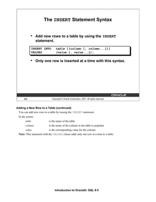 Introduction to Oracle9i: SQL 8-5
Adding a New Row to a Table (continued)
You can add new rows to a table by issuing the INSERT statement.
In the syntax:
table is the name of the table
column is the name of the column in the table to populate
value is the corresponding value for the column
Note: This statement with the VALUES clause adds only one row at a time to a table.
8-5 Copyright © Oracle Corporation, 2001. All rights reserved.
The INSERT Statement Syntax
• Add new rows to a table by using the INSERT
statement.
• Only one row is inserted at a time with this syntax.
INSERT INTO table [(column [, column...])]
VALUES (value [, value...]);
 