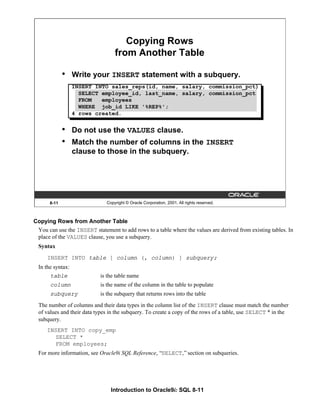 Introduction to Oracle9i: SQL 8-11
8-11 Copyright © Oracle Corporation, 2001. All rights reserved.
Copying Rows
from Another Table
• Write your INSERT statement with a subquery.
• Do not use the VALUES clause.
• Match the number of columns in the INSERT
clause to those in the subquery.
INSERT INTO sales_reps(id, name, salary, commission_pct)
SELECT employee_id, last_name, salary, commission_pct
FROM employees
WHERE job_id LIKE '%REP%';
4 rows created.
Copying Rows from Another Table
You can use the INSERT statement to add rows to a table where the values are derived from existing tables. In
place of the VALUES clause, you use a subquery.
Syntax
INSERT INTO table [ column (, column) ] subquery;
In the syntax:
table is the table name
column is the name of the column in the table to populate
subquery is the subquery that returns rows into the table
The number of columns and their data types in the column list of the INSERT clause must match the number
of values and their data types in the subquery. To create a copy of the rows of a table, use SELECT * in the
subquery.
INSERT INTO copy_emp
SELECT *
FROM employees;
For more information, see Oracle9i SQL Reference, “SELECT,”section on subqueries.
 
