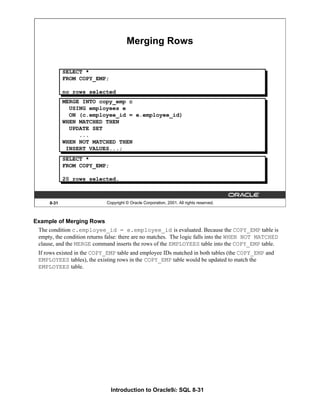 Introduction to Oracle9i: SQL 8-31
8-31 Copyright © Oracle Corporation, 2001. All rights reserved.
Merging Rows
MERGE INTO copy_emp c
USING employees e
ON (c.employee_id = e.employee_id)
WHEN MATCHED THEN
UPDATE SET
...
WHEN NOT MATCHED THEN
INSERT VALUES...;
SELECT *
FROM COPY_EMP;
no rows selected
SELECT *
FROM COPY_EMP;
20 rows selected.
Example of Merging Rows
The condition c.employee_id = e.employee_id is evaluated. Because the COPY_EMP table is
empty, the condition returns false: there are no matches. The logic falls into the WHEN NOT MATCHED
clause, and the MERGE command inserts the rows of the EMPLOYEES table into the COPY_EMP table.
If rows existed in the COPY_EMP table and employee IDs matched in both tables (the COPY_EMP and
EMPLOYEES tables), the existing rows in the COPY_EMP table would be updated to match the
EMPLOYEES table.
 