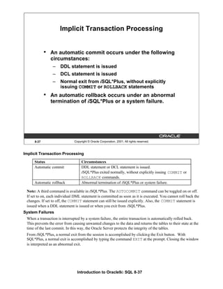 Introduction to Oracle9i: SQL 8-37
Implicit Transaction Processing
Note: A third command is available in iSQL*Plus. The AUTOCOMMIT command can be toggled on or off.
If set to on, each individual DML statement is committed as soon as it is executed. You cannot roll back the
changes. If set to off, the COMMIT statement can still be issued explicitly. Also, the COMMIT statement is
issued when a DDL statement is issued or when you exit from iSQL*Plus.
System Failures
When a transaction is interrupted by a system failure, the entire transaction is automatically rolled back.
This prevents the error from causing unwanted changes to the data and returns the tables to their state at the
time of the last commit. In this way, the Oracle Server protects the integrity of the tables.
From iSQL*Plus, a normal exit from the session is accomplished by clicking the Exit button. With
SQL*Plus, a normal exit is accomplished by typing the command EXIT at the prompt. Closing the window
is interpreted as an abnormal exit.
8-37 Copyright © Oracle Corporation, 2001. All rights reserved.
• An automatic commit occurs under the following
circumstances:
– DDL statement is issued
– DCL statement is issued
– Normal exit from iSQL*Plus, without explicitly
issuing COMMIT or ROLLBACK statements
• An automatic rollback occurs under an abnormal
termination of iSQL*Plus or a system failure.
Implicit Transaction Processing
Status Circumstances
Automatic commit DDL statement or DCL statement is issued.
iSQL*Plus exited normally, without explicitly issuing COMMIT or
ROLLBACK commands.
Automatic rollback Abnormal termination of iSQL*Plus or system failure.
 