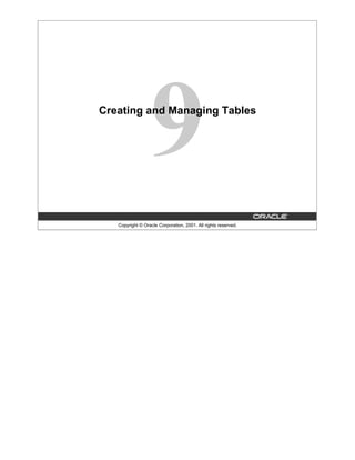 Copyright © Oracle Corporation, 2001. All rights reserved.
Creating and Managing Tables
 