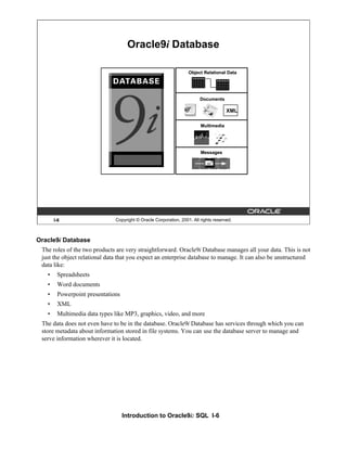 Introduction to Oracle9i: SQL I-6
I-6 Copyright © Oracle Corporation, 2001. All rights reserved.
Oracle9i Database
Multimedia
Multimedia
Object Relational Data
Object Relational Data
Messages
Messages
Documents
XML
Documents
XML
Oracle9i Database
The roles of the two products are very straightforward. Oracle9i Database manages all your data. This is not
just the object relational data that you expect an enterprise database to manage. It can also be unstructured
data like:
• Spreadsheets
• Word documents
• Powerpoint presentations
• XML
• Multimedia data types like MP3, graphics, video, and more
The data does not even have to be in the database. Oracle9i Database has services through which you can
store metadata about information stored in file systems. You can use the database server to manage and
serve information wherever it is located.
 