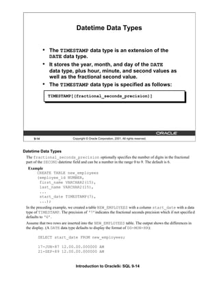 Introduction to Oracle9i: SQL 9-14
9-14 Copyright © Oracle Corporation, 2001. All rights reserved.
Datetime Data Types
• The TIMESTAMP data type is an extension of the
DATE data type.
• It stores the year, month, and day of the DATE
data type, plus hour, minute, and second values as
well as the fractional second value.
• The TIMESTAMP data type is specified as follows:
TIMESTAMP[(fractional_seconds_precision)]
Datetime Data Types
The fractional_seconds_precision optionally specifies the number of digits in the fractional
part of the SECOND datetime field and can be a number in the range 0 to 9. The default is 6.
Example
CREATE TABLE new_employees
(employee_id NUMBER,
first_name VARCHAR2(15),
last_name VARCHAR2(15),
...
start_date TIMESTAMP(7),
...);
In the preceding example, we created a table NEW_EMPLOYEES with a column start_date with a data
type of TIMESTAMP. The precision of ‘7’indicates the fractional seconds precision which if not specified
defaults to ‘6’.
Assume that two rows are inserted into the NEW_EMPLOYEES table. The output shows the differences in
the display. (A DATE data type defaults to display the format of DD-MON-RR):
SELECT start_date FROM new_employees;
17-JUN-87 12.00.00.000000 AM
21-SEP-89 12.00.00.000000 AM
 