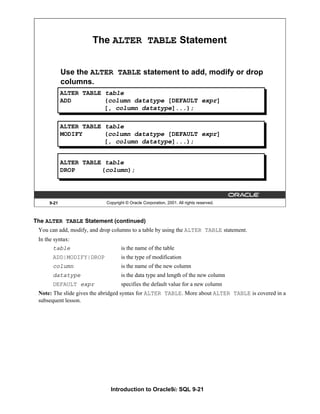 Introduction to Oracle9i: SQL 9-21
9-21 Copyright © Oracle Corporation, 2001. All rights reserved.
The ALTER TABLE Statement
Use the ALTER TABLE statement to add, modify or drop
columns.
ALTER TABLE table
ADD (column datatype [DEFAULT expr]
[, column datatype]...);
ALTER TABLE table
MODIFY (column datatype [DEFAULT expr]
[, column datatype]...);
ALTER TABLE table
DROP (column);
The ALTER TABLE Statement (continued)
You can add, modify, and drop columns to a table by using the ALTER TABLE statement.
In the syntax:
table is the name of the table
ADD|MODIFY|DROP is the type of modification
column is the name of the new column
datatype is the data type and length of the new column
DEFAULT expr specifies the default value for a new column
Note: The slide gives the abridged syntax for ALTER TABLE. More about ALTER TABLE is covered in a
subsequent lesson.
 