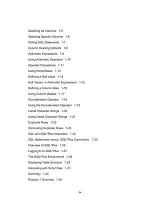 Selecting All Columns 1-5
Selecting Specific Columns 1-6
Writing SQL Statements 1-7
Column Heading Defaults 1-8
Arithmetic Expressions 1-9
Using Arithmetic Operators 1-10
Operator Precedence 1-11
Using Parentheses 1-13
Defining a Null Value 1-14
Null Values in Arithmetic Expressions 1-15
Defining a Column Alias 1-16
Using Column Aliases 1-17
Concatenation Operator 1-18
Using the Concatenation Operator 1-19
Literal Character Strings 1-20
Using Literal Character Strings 1-21
Duplicate Rows 1-22
Eliminating Duplicate Rows 1-23
SQL and iSQL*Plus Interaction 1-24
SQL Statements versus iSQL*Plus Commands 1-25
Overview of iSQL*Plus 1-26
Logging In to iSQL*Plus 1-27
The iSQL*Plus Environment 1-28
Displaying Table Structure 1-29
Interacting with Script Files 1-31
Summary 1-34
Practice 1 Overview 1-35
iv
 
