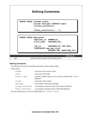Introduction to Oracle9i: SQL 10-5
10-5 Copyright © Oracle Corporation, 2001. All rights reserved.
Defining Constraints
CREATE TABLE [schema.]table
(column datatype [DEFAULT expr]
[column_constraint],
...
[table_constraint][,...]);
CREATE TABLE employees(
employee_id NUMBER(6),
first_name VARCHAR2(20),
...
job_id VARCHAR2(10) NOT NULL,
CONSTRAINT emp_emp_id_pk
PRIMARY KEY (EMPLOYEE_ID));
Defining Constraints
The slide gives the syntax for defining constraints while creating a table.
In the syntax:
schema is the same as the owner’
s name
table is the name of the table
DEFAULT expr specifies a default value to use if a value is omitted in the INSERT
statement
column is the name of the column
datatype is the column’
s data type and length
column_constraint is an integrity constraint as part of the column definition
table_constraint is an integrity constraint as part of the table definition
For more information, see Oracle9i SQL Reference, “CREATE TABLE.”
 