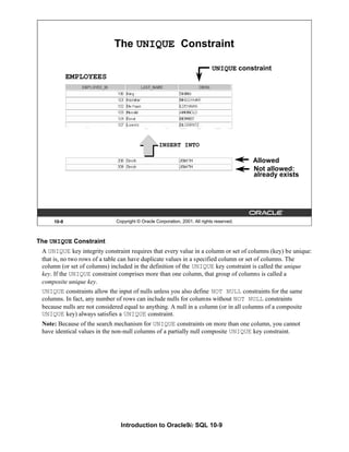 Introduction to Oracle9i: SQL 10-9
10-9 Copyright © Oracle Corporation, 2001. All rights reserved.
The UNIQUE Constraint
EMPLOYEES
UNIQUE constraint
INSERT INTO
Not allowed:
already exists
Allowed
The UNIQUE Constraint
A UNIQUE key integrity constraint requires that every value in a column or set of columns (key) be unique:
that is, no two rows of a table can have duplicate values in a specified column or set of columns. The
column (or set of columns) included in the definition of the UNIQUE key constraint is called the unique
key. If the UNIQUE constraint comprises more than one column, that group of columns is called a
composite unique key.
UNIQUE constraints allow the input of nulls unless you also define NOT NULL constraints for the same
columns. In fact, any number of rows can include nulls for columns without NOT NULL constraints
because nulls are not considered equal to anything. A null in a column (or in all columns of a composite
UNIQUE key) always satisfies a UNIQUE constraint.
Note: Because of the search mechanism for UNIQUE constraints on more than one column, you cannot
have identical values in the non-null columns of a partially null composite UNIQUE key constraint.
 