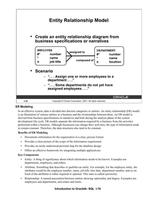 Introduction to Oracle9i: SQL I-16
I-16 Copyright © Oracle Corporation, 2001. All rights reserved.
Entity Relationship Model
• Create an entity relationship diagram from
business specifications or narratives
• Scenario
– “. . . Assign one or more employees to a
department . . .”
– “. . . Some departments do not yet have
assigned employees . . .”
EMPLOYEE
#* number
* name
o job title
DEPARTMENT
#* number
* name
o location
assigned to
composed of
ER Modeling
In an effective system, data is divided into discrete categories or entities. An entity relationship (ER) model
is an illustration of various entities in a business and the relationships between them. An ER model is
derived from business specifications or narratives and built during the analysis phase of the system
development life cycle. ER models separate the information required by a business from the activities
performed within a business. Although businesses can change their activities, the type of information tends
to remain constant. Therefore, the data structures also tend to be constant.
Benefits of ER Modeling
• Documents information for the organization in a clear, precise format
• Provides a clear picture of the scope of the information requirement
• Provides an easily understood pictorial map for the database design
• Offers an effective framework for integrating multiple applications
Key Components
• Entity: A thing of significance about which information needs to be known. Examples are
departments, employees, and orders.
• Attribute: Something that describes or qualifies an entity. For example, for the employee entity, the
attributes would be the employee number, name, job title, hire date, department number, and so on.
Each of the attributes is either required or optional. This state is called optionality.
• Relationship: A named association between entities showing optionality and degree. Examples are
employees and departments, and orders and items.
 