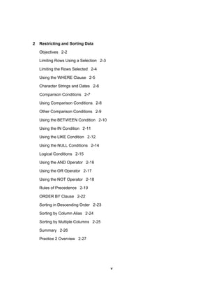 2 Restricting and Sorting Data
Objectives 2-2
Limiting Rows Using a Selection 2-3
Limiting the Rows Selected 2-4
Using the WHERE Clause 2-5
Character Strings and Dates 2-6
Comparison Conditions 2-7
Using Comparison Conditions 2-8
Other Comparison Conditions 2-9
Using the BETWEEN Condition 2-10
Using the IN Condition 2-11
Using the LIKE Condition 2-12
Using the NULL Conditions 2-14
Logical Conditions 2-15
Using the AND Operator 2-16
Using the OR Operator 2-17
Using the NOT Operator 2-18
Rules of Precedence 2-19
ORDER BY Clause 2-22
Sorting in Descending Order 2-23
Sorting by Column Alias 2-24
Sorting by Multiple Columns 2-25
Summary 2-26
Practice 2 Overview 2-27
v
 