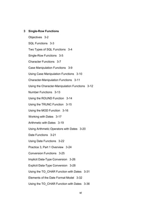 3 Single-Row Functions
Objectives 3-2
SQL Functions 3-3
Two Types of SQL Functions 3-4
Single-Row Functions 3-5
Character Functions 3-7
Case Manipulation Functions 3-9
Using Case Manipulation Functions 3-10
Character-Manipulation Functions 3-11
Using the Character-Manipulation Functions 3-12
Number Functions 3-13
Using the ROUND Function 3-14
Using the TRUNC Function 3-15
Using the MOD Function 3-16
Working with Dates 3-17
Arithmetic with Dates 3-19
Using Arithmetic Operators with Dates 3-20
Date Functions 3-21
Using Date Functions 3-22
Practice 3, Part 1 Overview 3-24
Conversion Functions 3-25
Implicit Data-Type Conversion 3-26
Explicit Data-Type Conversion 3-28
Using the TO_CHAR Function with Dates 3-31
Elements of the Date Format Model 3-32
Using the TO_CHAR Function with Dates 3-36
vi
 
