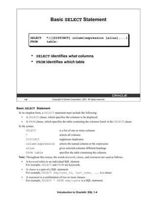Introduction to Oracle9i: SQL 1-4
Basic SELECT Statement
In its simplest form, a SELECT statement must include the following:
• A SELECT clause, which specifies the columns to be displayed
• A FROM clause, which specifies the table containing the columns listed in the SELECT clause
In the syntax:
SELECT is a list of one or more columns
* selects all columns
DISTINCT suppresses duplicates
column|expression selects the named column or the expression
alias gives selected columns different headings
FROM table specifies the table containing the columns
Note: Throughout this course, the words keyword, clause, and statement are used as follows.
• A keyword refers to an individual SQL element.
For example, SELECT and FROM are keywords.
• A clause is a part of a SQL statement.
For example, SELECT employee_id, last_name, ... is a clause.
• A statement is a combination of two or more clauses.
For example, SELECT * FROM employees is a SQL statement.
1-4 Copyright © Oracle Corporation, 2001. All rights reserved.
Basic SELECT Statement
SELECT *|{[DISTINCT] column|expression [alias],...}
FROM table;
• SELECT identifies what columns
• FROM identifies which table
 