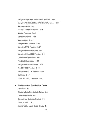 vii
Using the TO_CHAR Function with Numbers 3-37
Using the TO_NUMBER and TO_DATE Functions 3-39
RR Date Format 3-40
Example of RR Date Format 3-41
Nesting Functions 3-42
General Functions 3-44
NVL Function 3-45
Using the NVL Function 3-46
Using the NVL2 Function 3-47
Using the NULLIF Function 3-48
Using the COALESCE Function 3-49
Conditional Expressions 3-51
The CASE Expression 3-52
Using the CASE Expression 3-53
The DECODE Function 3-54
Using the DECODE Function 3-55
Summary 3-57
Practice 3, Part 2 Overview 3-58
4 Displaying Data from Multiple Tables
Objectives 4-2
Obtaining Data from Multiple Tables 4-3
Cartesian Products 4-4
Generating a Cartesian Product 4-5
Types of Joins 4-6
Joining Tables Using Oracle Syntax 4-7
 