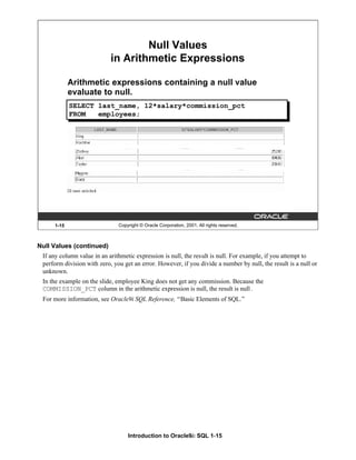 Introduction to Oracle9i: SQL 1-15
1-15 Copyright © Oracle Corporation, 2001. All rights reserved.
Null Values
in Arithmetic Expressions
Arithmetic expressions containing a null value
evaluate to null.
SELECT last_name, 12*salary*commission_pct
FROM employees;
Null Values (continued)
If any column value in an arithmetic expression is null, the result is null. For example, if you attempt to
perform division with zero, you get an error. However, if you divide a number by null, the result is a null or
unknown.
In the example on the slide, employee King does not get any commission. Because the
COMMISSION_PCT column in the arithmetic expression is null, the result is null.
For more information, see Oracle9i SQL Reference, “Basic Elements of SQL.”
 