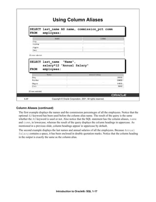 Introduction to Oracle9i: SQL 1-17
Column Aliases (continued)
The first example displays the names and the commission percentages of all the employees. Notice that the
optional AS keyword has been used before the column alias name. The result of the query is the same
whether the AS keyword is used or not. Also notice that the SQL statement has the column aliases, name
and comm, in lowercase, whereas the result of the query displays the column headings in uppercase. As
mentioned in a previous slide, column headings appear in uppercase by default.
The second example displays the last names and annual salaries of all the employees. Because Annual
Salary contains a space, it has been enclosed in double quotation marks. Notice that the column heading
in the output is exactly the same as the column alias.
1-17 Copyright © Oracle Corporation, 2001. All rights reserved.
Using Column Aliases
SELECT last_name "Name",
salary*12 "Annual Salary"
FROM employees;
SELECT last_name AS name, commission_pct comm
FROM employees;
 