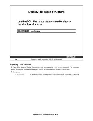Introduction to Oracle9i: SQL 1-29
1-29 Copyright © Oracle Corporation, 2001. All rights reserved.
Displaying Table Structure
Use the iSQL*Plus DESCRIBE command to display
the structure of a table.
DESC[RIBE] tablename
Displaying Table Structure
In iSQL*Plus, you can display the structure of a table using the DESCRIBE command. The command
shows the column names and data types, as well as whether a column must contain data.
In the syntax:
tablename is the name of any existing table, view, or synonym accessible to the user
 