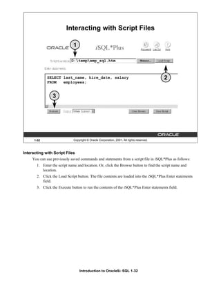 Introduction to Oracle9i: SQL 1-32
1-32 Copyright © Oracle Corporation, 2001. All rights reserved.
Interacting with Script Files
1
D:tempemp_sql.htm
2
SELECT last_name, hire_date, salary
FROM employees;
3
Interacting with Script Files
You can use previously saved commands and statements from a script file in iSQL*Plus as follows:
1. Enter the script name and location. Or, click the Browse button to find the script name and
location.
2. Click the Load Script button. The file contents are loaded into the iSQL*Plus Enter statements
field.
3. Click the Execute button to run the contents of the iSQL*Plus Enter statements field.
 