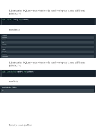 L'instruction SQL suivante répertorie le nombre de pays clients différents
(distincts) :
Resultats :
L'instruction SQL suivante répertorie le nombre de pays clients différents
(distincts) :
resultats :
Formateur Jaouad Assabbour
 