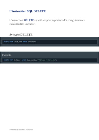 L'instruction SQL DELETE
L'instruction DELETE est utilisée pour supprimer des enregistrements
existants dans une table.
Syntaxe DELETE
Formateur Jaouad Assabbour
 