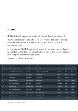 SGBDR
RDBMS signifie système de gestion de base de données relationnelle.
RDBMS est la base de SQL et de tous les systèmes de bases de données
modernes tels que MS SQL Server, IBM DB2, Oracle, MySQL et
Microsoft Access.
Les données du SGBDR sont stockées dans des objets de base de données
appelés tables. Une table est une collection d'entrées de données connexes
et se compose de colonnes et de lignes.
Regardez le tableau "Customer":
Formateur Jaouad Assabbour
 