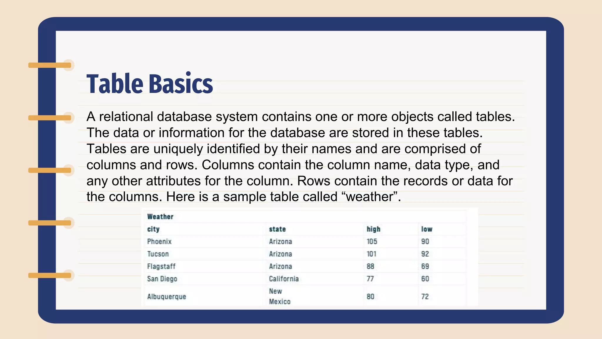 Table Basics
A relational database system contains one or more objects called tables.
The data or information for the database are stored in these tables.
Tables are uniquely identified by their names and are comprised of
columns and rows. Columns contain the column name, data type, and
any other attributes for the column. Rows contain the records or data for
the columns. Here is a sample table called “weather”.
 