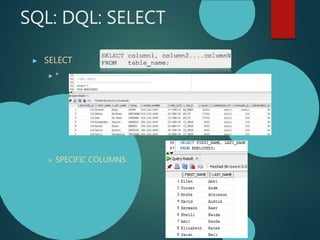 SQL: DQL: SELECT
▶ SELECT
▶ *
▶ SPECIFIC COLUMNS
 