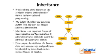 Inheritance
• We use all the above features of ER-
Model in order to create classes of
objects in object-oriented
programming.
The details of entities are generally
hidden from the user; this process
known as abstraction.
Inheritance is an important feature of
Generalization and Specialization. It
allows lower-level entities to inherit the
attributes of higher-level entities.
For example, the attributes of a Person
class such as name, age, and gender can
be inherited by lower-level entities
such as Student or Teacher.
•
•
•
 