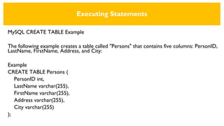 Executing Statements
MySQL CREATE TABLE Example
The following example creates a table called "Persons" that contains five columns: PersonID,
LastName, FirstName, Address, and City:
Example
CREATE TABLE Persons (
PersonID int,
LastName varchar(255),
FirstName varchar(255),
Address varchar(255),
City varchar(255)
);
 