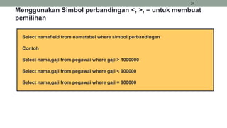 21
Select namafield from namatabel where simbol perbandingan
Contoh
Select nama,gaji from pegawai where gaji > 1000000
Select nama,gaji from pegawai where gaji < 900000
Select nama,gaji from pegawai where gaji = 900000
Menggunakan Simbol perbandingan <, >, = untuk membuat
pemilihan
 