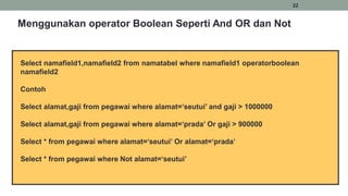 22
Select namafield1,namafield2 from namatabel where namafield1 operatorboolean
namafield2
Contoh
Select alamat,gaji from pegawai where alamat=‘seutui’ and gaji > 1000000
Select alamat,gaji from pegawai where alamat=‘prada’ Or gaji > 900000
Select * from pegawai where alamat=‘seutui’ Or alamat=‘prada’
Select * from pegawai where Not alamat=‘seutui’
Menggunakan operator Boolean Seperti And OR dan Not
 