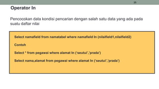 25
Select namafield from namatabel where namafield In (nilaifield1,nilaifield2)
Contoh
Select * from pegawai where alamat In (‘seutui’,’prada’)
Select nama,alamat from pegawai where alamat In (‘seutui’,’prada’)
Operator In
Pencocokan data kondisi pencarian dengan salah satu data yang ada pada
suatu daftar nilai
 