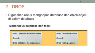 8
2. DROP
• Digunakan untuk menghapus database dan objek-objek
di dalam database
Menghapus database dan tabel
Drop Database Namadatabase
Contoh
Drop Database Kepegawaian
Drop Table Namatable
Contoh
Drop Table pegawai
 